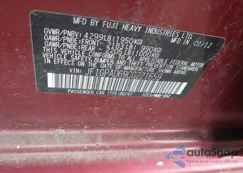 2012 Subaru Impreza 2.0I Premium from USA, damaged, VIN JF1GPAD69CG221659